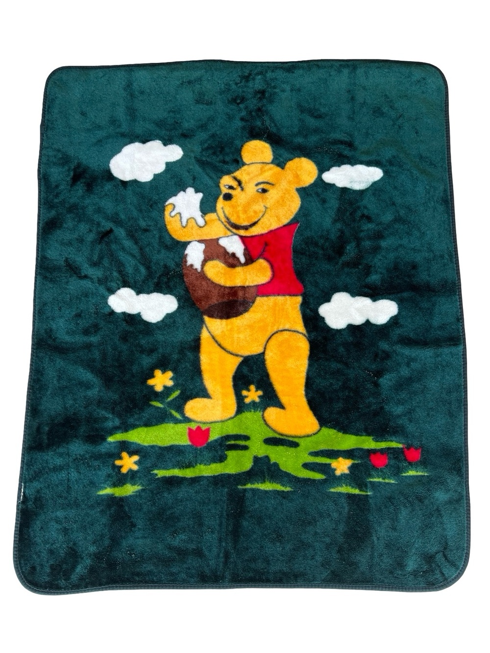 VTG Rare Winnie the Pooh Minky Honey Pot Clouds Flowers Green Blanket 53x42”